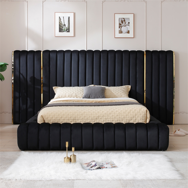 Pemberly Row Velvet Upholstered Queen Platform Bed with Wings in Black
