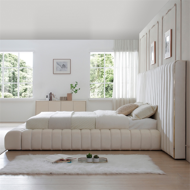 Pemberly Row Velvet Upholstered King Platform Bed with Wings in Cream
