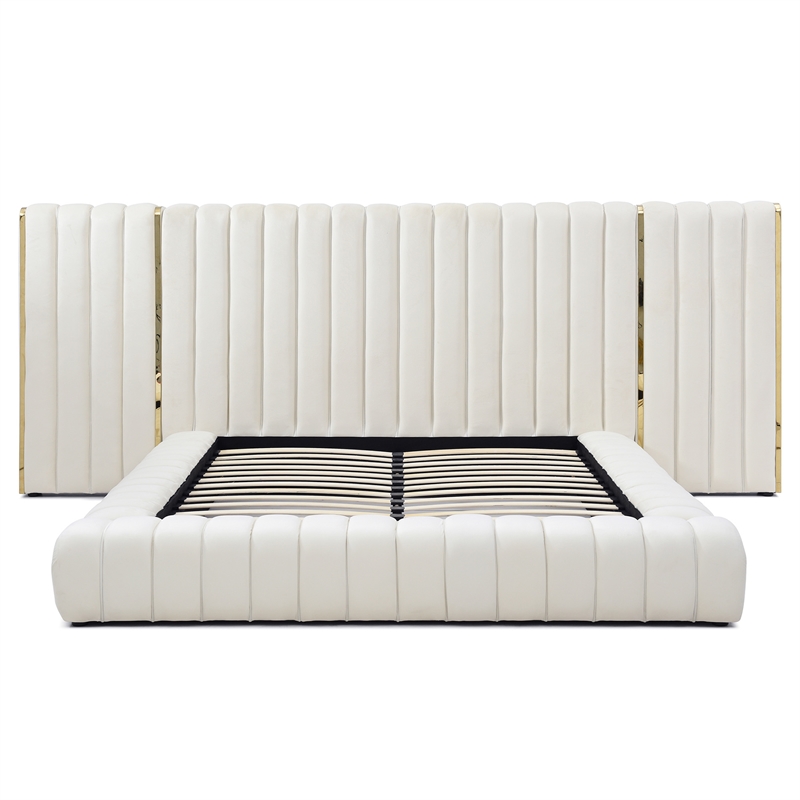 Pemberly Row Velvet Upholstered King Platform Bed with Wings in Cream