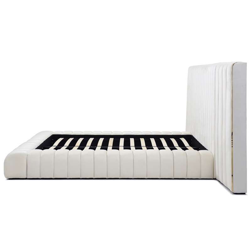 Pemberly Row Velvet Upholstered King Platform Bed with Wings in Cream
