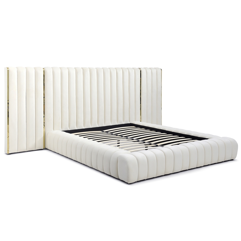 Pemberly Row Velvet Upholstered King Platform Bed with Wings in Cream