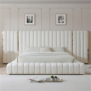 Pemberly Row Velvet Upholstered King Platform Bed with Wings in Cream
