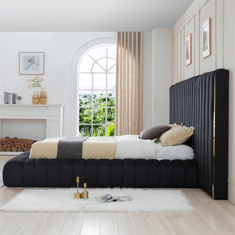 Pemberly Row Velvet Upholstered King Platform Bed with Wings in Black