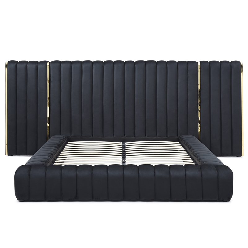 Pemberly Row Velvet Upholstered King Platform Bed with Wings in Black
