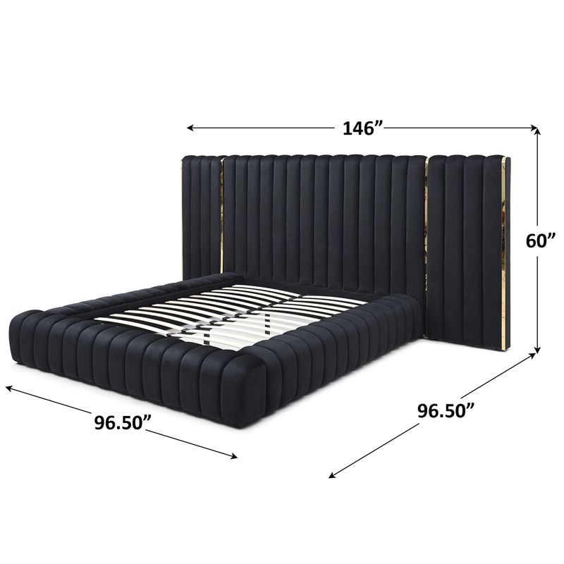Pemberly Row Velvet Upholstered King Platform Bed with Wings in Black