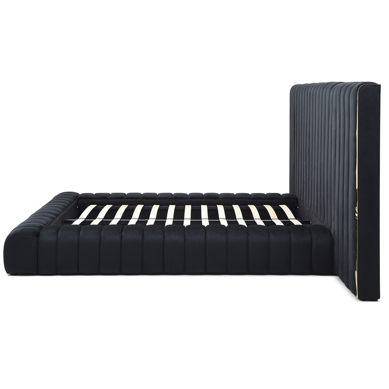Pemberly Row Velvet Upholstered King Platform Bed with Wings in Black