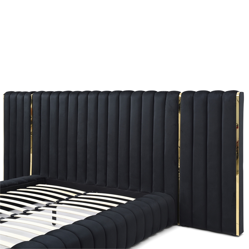 Pemberly Row Velvet Upholstered King Platform Bed with Wings in Black