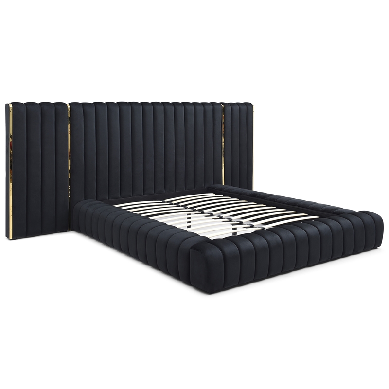Pemberly Row Velvet Upholstered King Platform Bed with Wings in Black