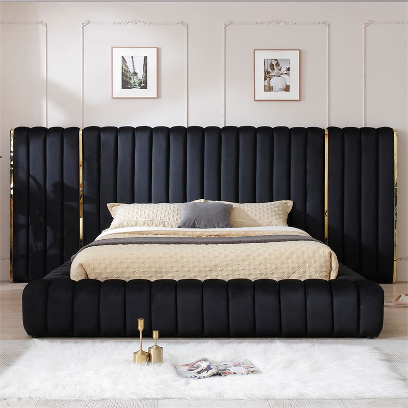 Pemberly Row Velvet Upholstered King Platform Bed with Wings in Black