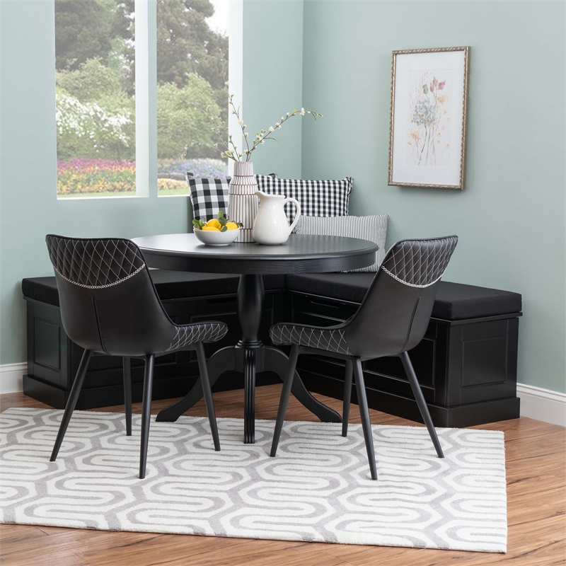 Pemberly Row 5PCs Set Wood Nook/Round Table/2 Chairs/Cushion Set in Black