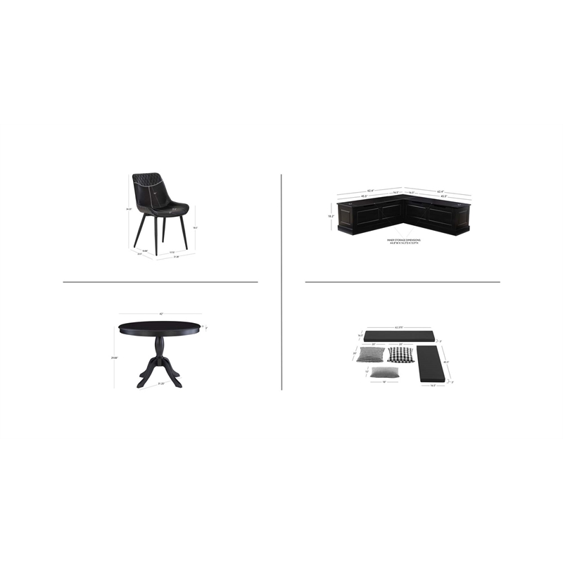 Pemberly Row 5PCs Set Wood Nook/Round Table/2 Chairs/Cushion Set in Black