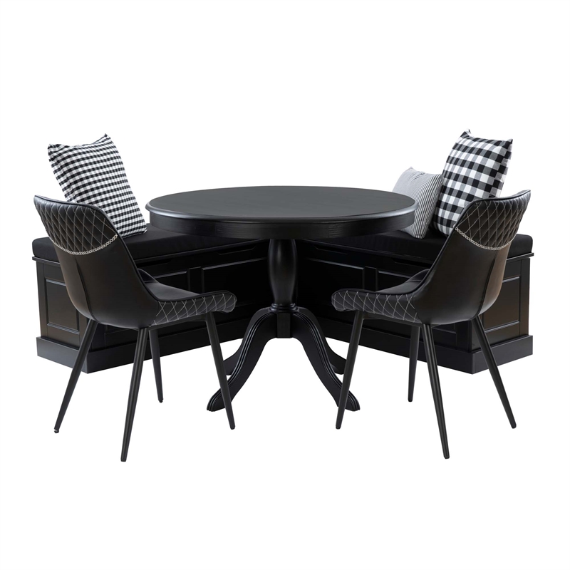 Pemberly Row 5PCs Set Wood Nook/Round Table/2 Chairs/Cushion Set in Black