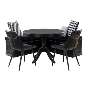 Pemberly Row 5PCs Set Wood Nook/Round Table/2 Chairs/Cushion Set in Black