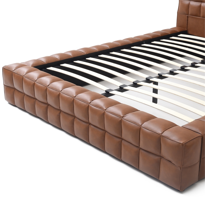 Pemberly Row King Size Faux Leather Upholstered Bed Fram in Brown