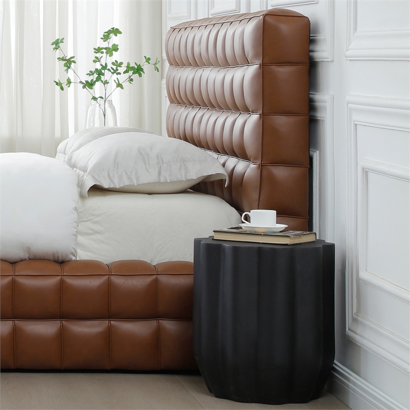 Pemberly Row King Size Faux Leather Upholstered Bed Fram in Brown