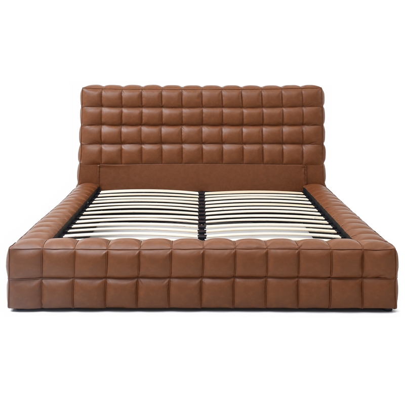 Pemberly Row King Size Faux Leather Upholstered Bed Fram in Brown