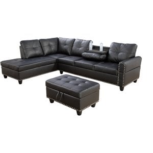 Pemberly Row Contemporary Left-Facing Sectional & Ottoman in Black