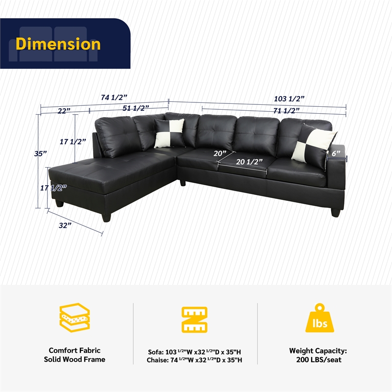 Pemberly Row Contemporary Left-Facing Sectional Sofa Set in Ultimate Black