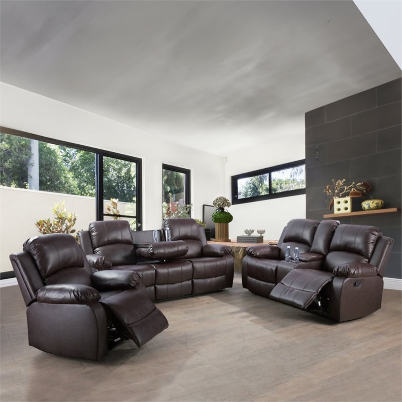 Pemberly Row Contemporary 3-Pieces Faux Leather Recliner Sofa Set in Espresso