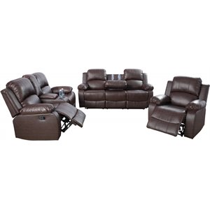 Pemberly Row Contemporary 3-Pieces Faux Leather Recliner Sofa Set in Espresso