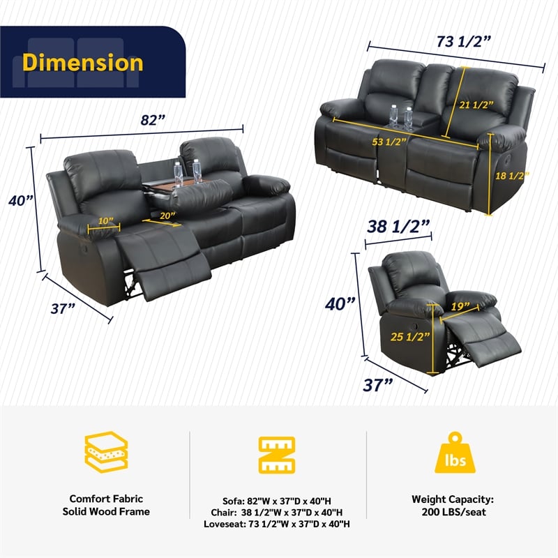 Pemberly Row Contemporary 3-Pieces Faux Leather Recliner Sofa Set in Black