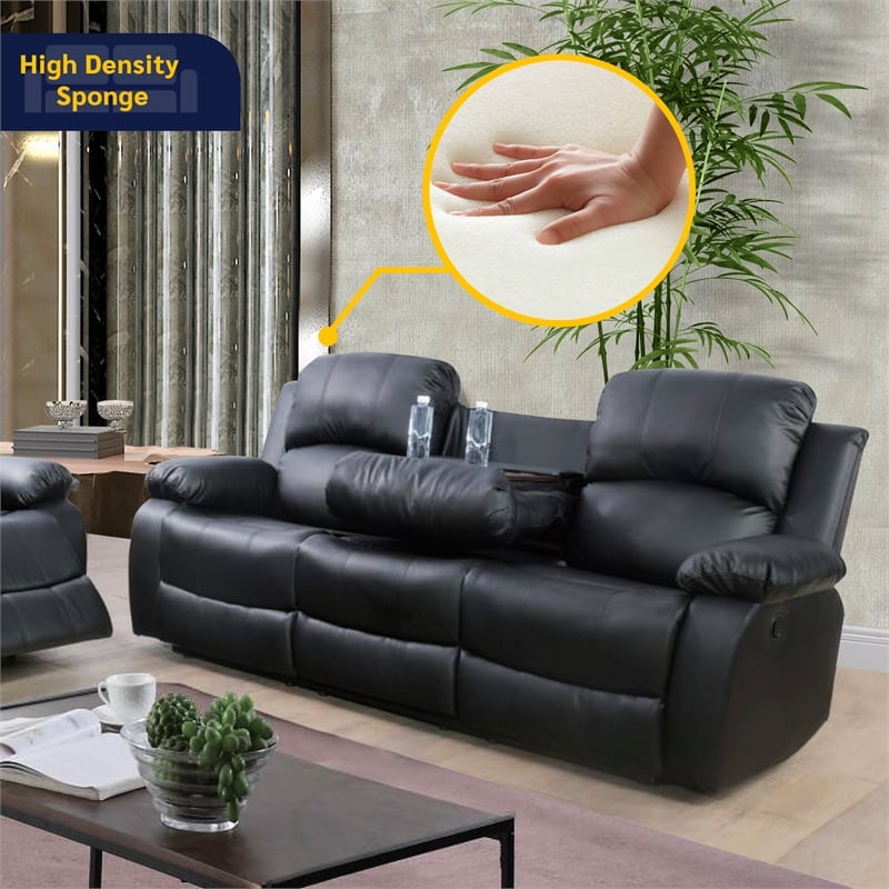 Pemberly Row Contemporary 3-Pieces Faux Leather Recliner Sofa Set in Black