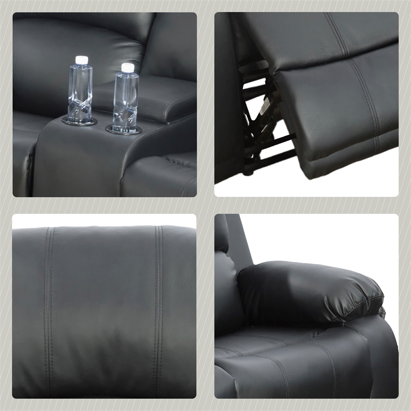 Pemberly Row Contemporary 3-Pieces Faux Leather Recliner Sofa Set in Black