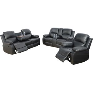 Pemberly Row Contemporary 3-Pieces Faux Leather Recliner Sofa Set in Black