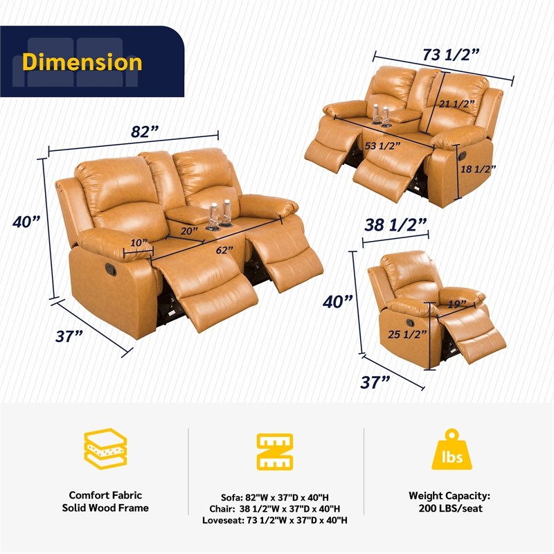 Pemberly Row Contemporary 3-Pieces Recliner PU Sofa Set in Ginger