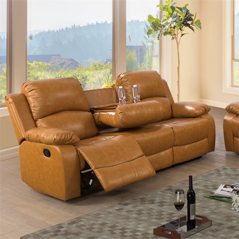 Pemberly Row Contemporary 3-Pieces Recliner PU Sofa Set in Ginger