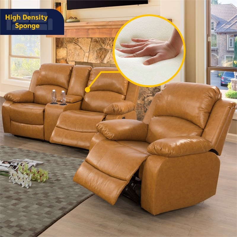 Pemberly Row Contemporary 3-Pieces Recliner PU Sofa Set in Ginger
