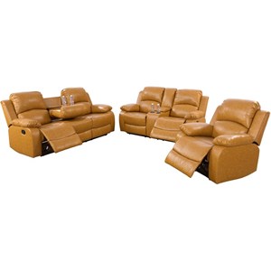 Pemberly Row Contemporary 3-Pieces Recliner PU Sofa Set in Ginger