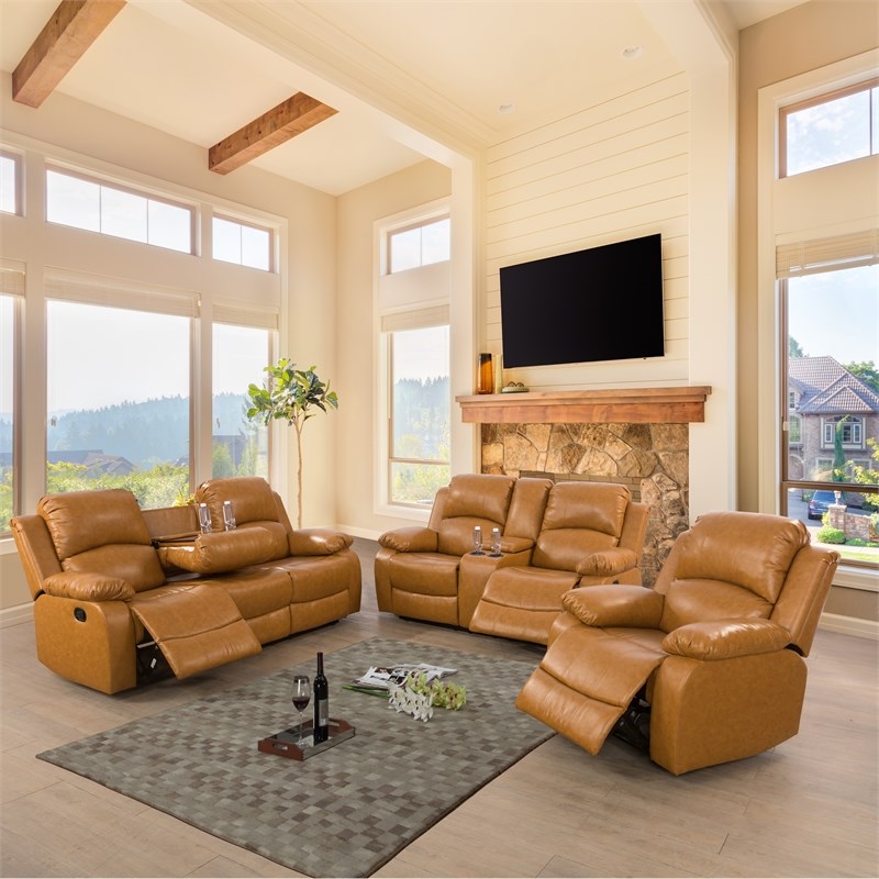 Pemberly Row Contemporary 3-Pieces Recliner PU Sofa Set in Ginger