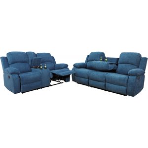Pemberly Row Contemporary 2-Pieces Microfiber Recliner Sofa Set in Blue