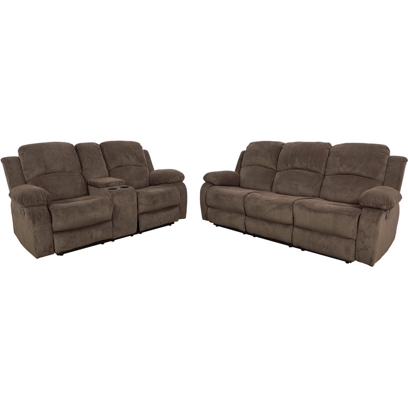 Pemberly Row Contemporary 2-Pieces Grid Cloth Recliner Sofa Set in Taupe/Brown