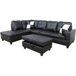 Pemberly Row Contemporary Left-Facing Sectional & Ottoman in Ultimate Black
