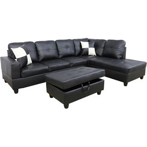 Pemberly Row Contemporary Right-Facing Sectional & Ottoman in Ultimate Black