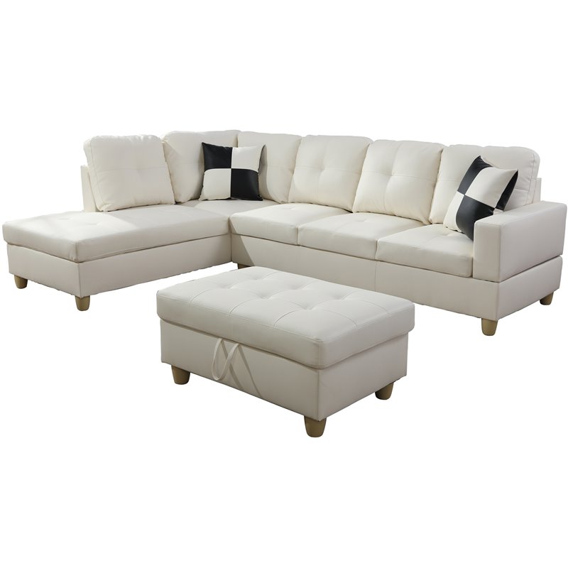 Pemberly Row Contemporary Left-Facing Sectional & Ottoman in Off White