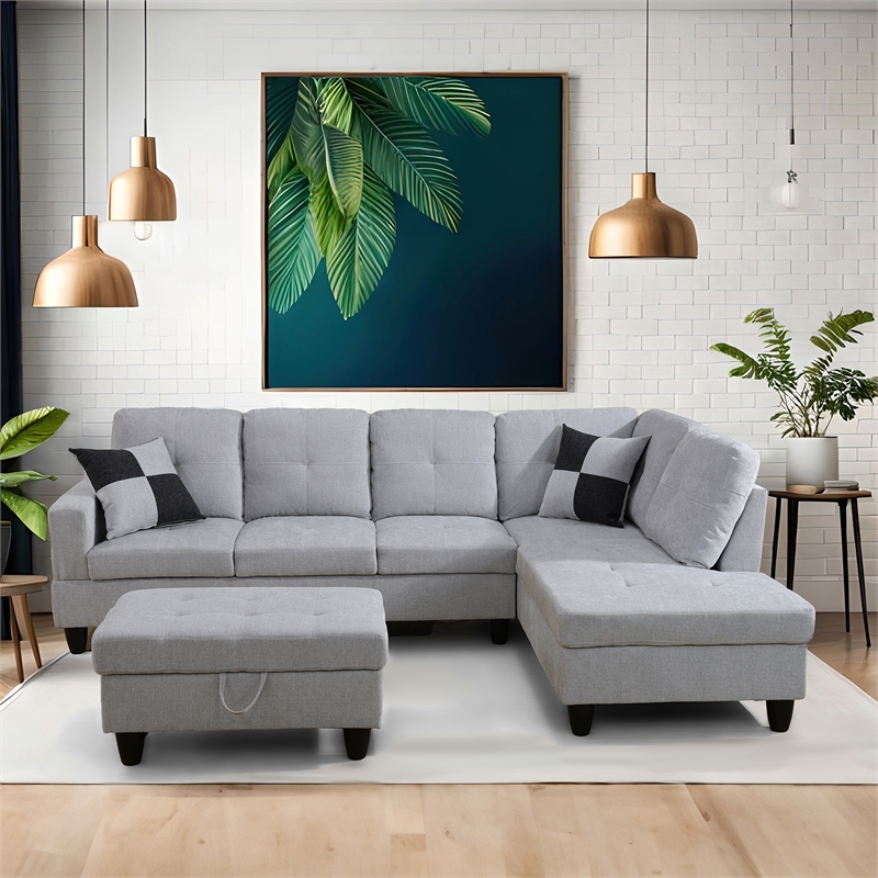 Pemberly Row Contemporary Right-Facing Sectional & Ottoman in Gray/White