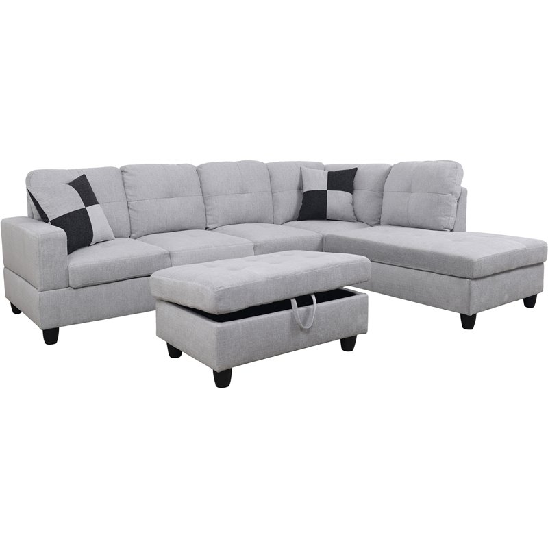 Pemberly Row Contemporary Right-Facing Sectional & Ottoman in Gray/White