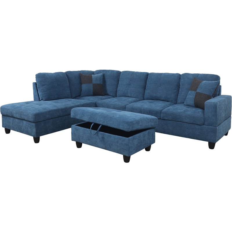 Pemberly Row Contemporary Left-Facing Sectional & Ottoman in Lake Blue