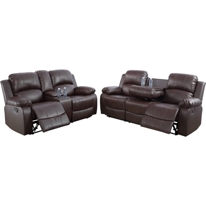 Pemberly Row Contemporary 2-Pieces Faux Leather Recliner Sofa Set in Espresso