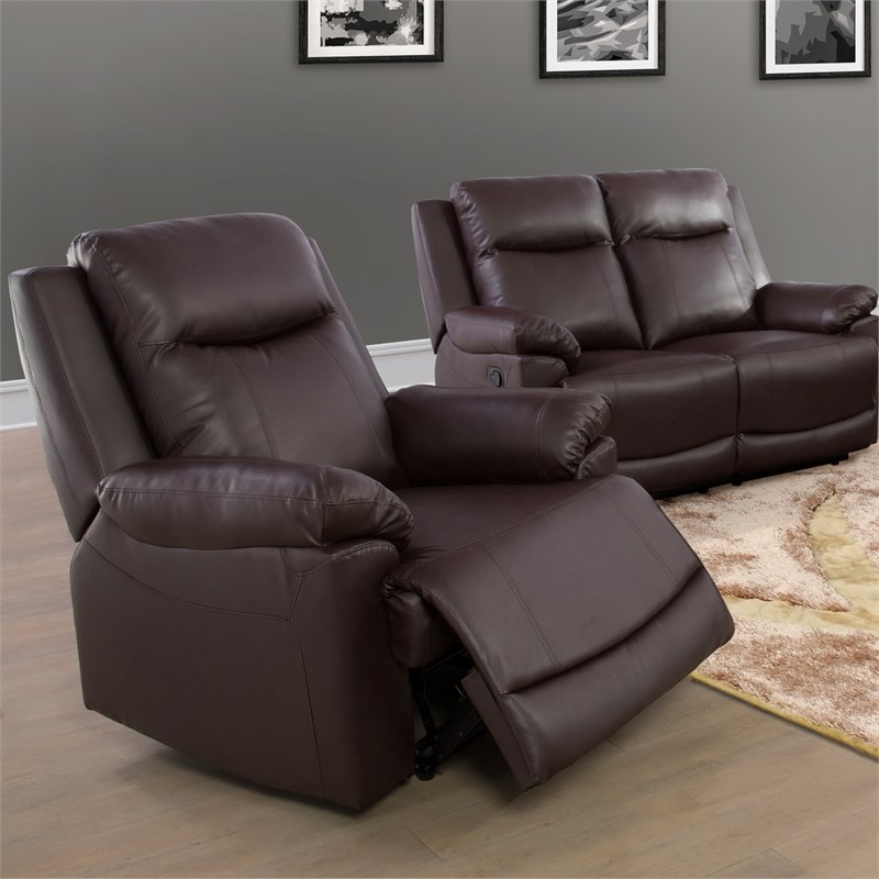 Pemberly Row Contemporary 3-Pieces Faux Leather Recliner Sofa Set in Espresso