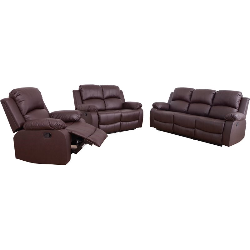 Pemberly Row Contemporary 3-Pieces Faux Leather Recliner Sofa Set in Espresso