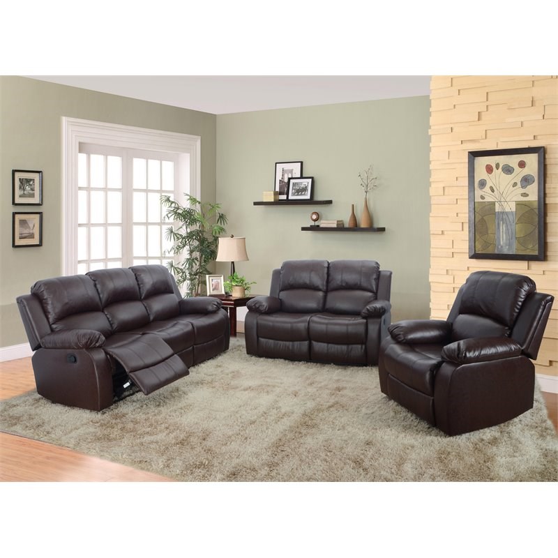 Pemberly Row Contemporary 3-Pieces Faux Leather Recliner Sofa Set in Espresso