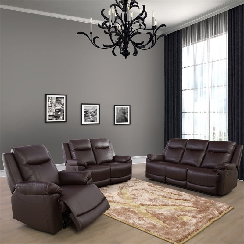 Pemberly Row Contemporary 3-Pieces Faux Leather Recliner Sofa Set in Espresso