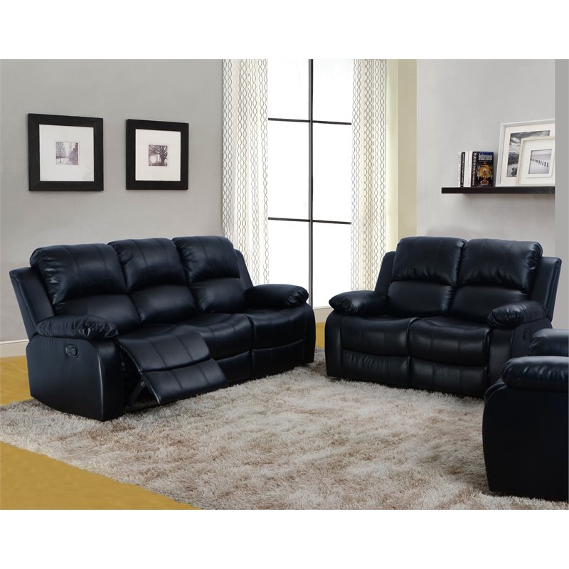 Pemberly Row Contemporary 2-Pieces Faux Leather Recliner Sofa Set in Black