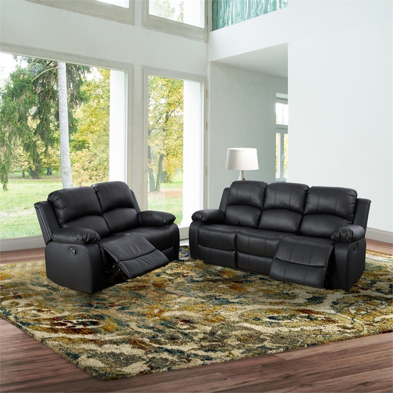 Pemberly Row Contemporary 2-Pieces Faux Leather Recliner Sofa Set in Black