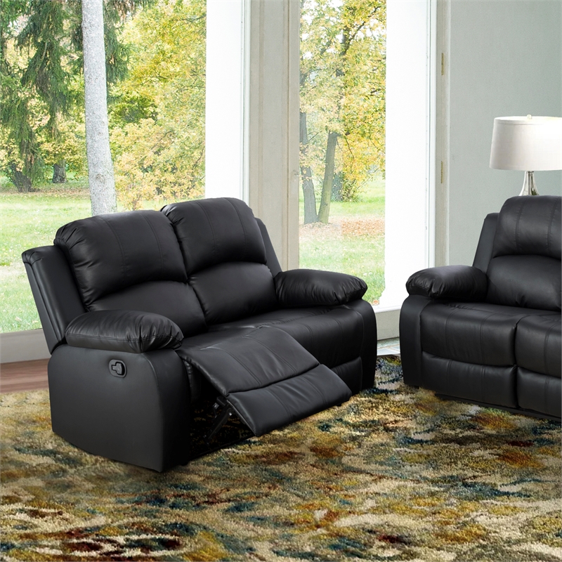 Pemberly Row Contemporary 2-Pieces Faux Leather Recliner Sofa Set in Black