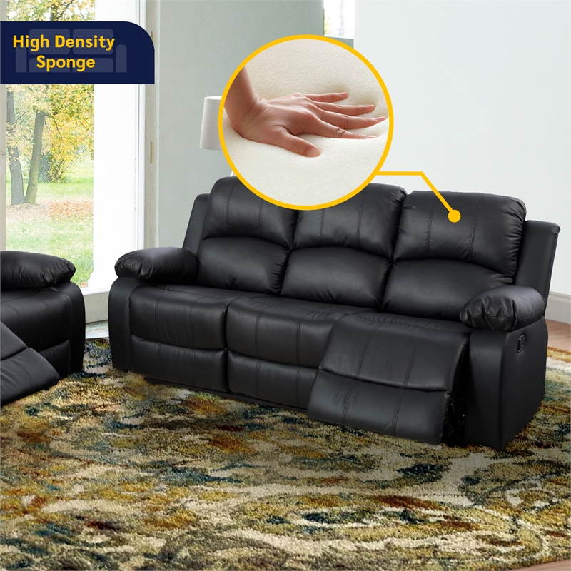 Pemberly Row Contemporary 2-Pieces Faux Leather Recliner Sofa Set in Black